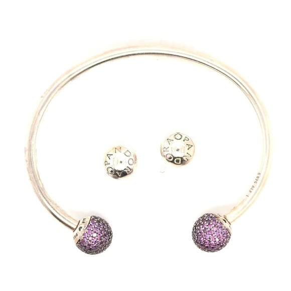 Pandora Pave Purple Cz /Silver Ball Ends Moments Cuff - Picture 2 of 4